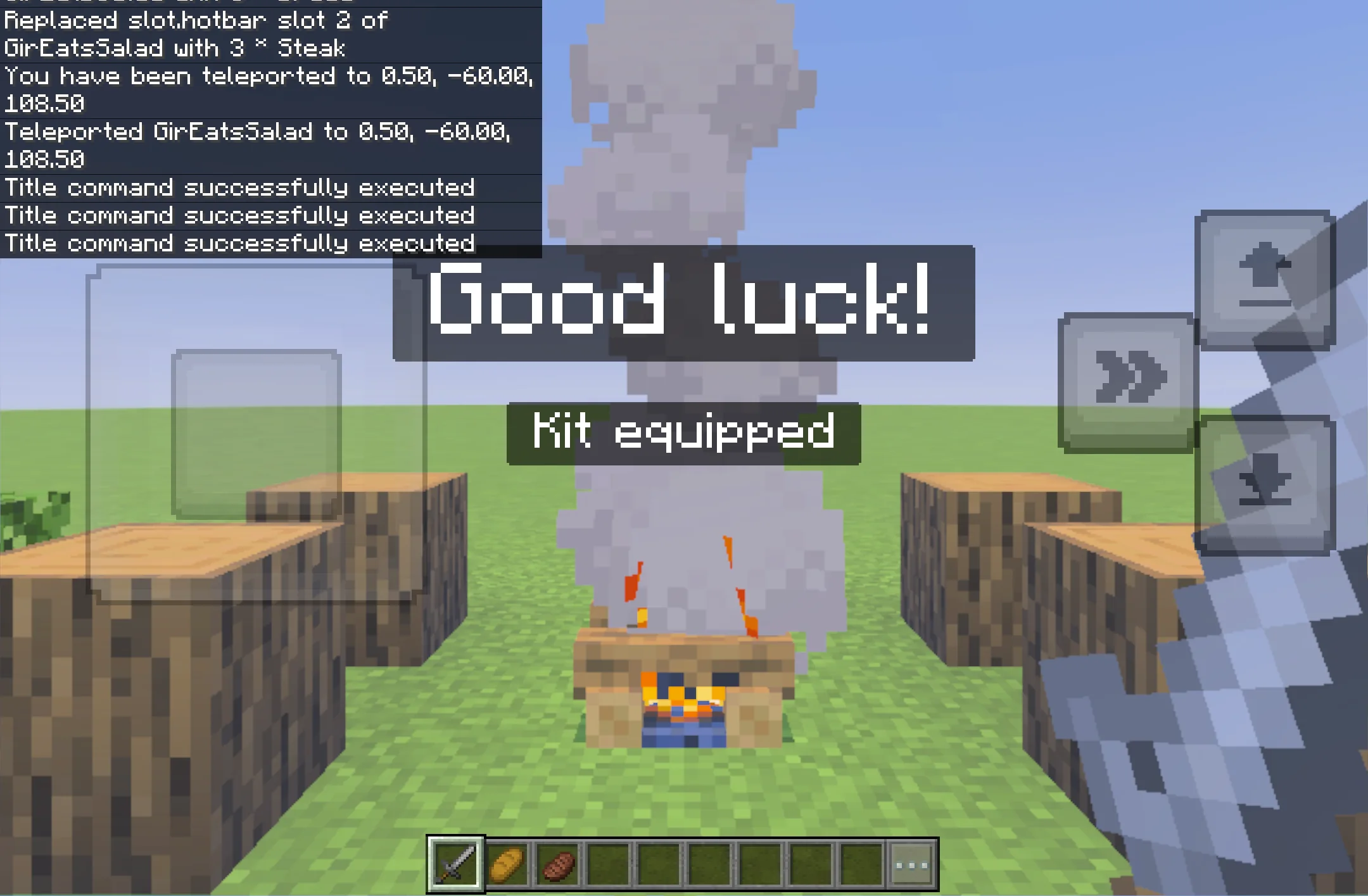 A 'Good luck!' title and 'Kit equipped' subtitle in Minecraft, with the kit items in the hotbar
