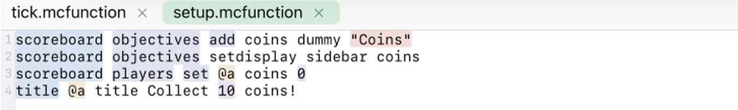 setup.mcfunction open in the MiniBench editor with the four scoreboard and title commands