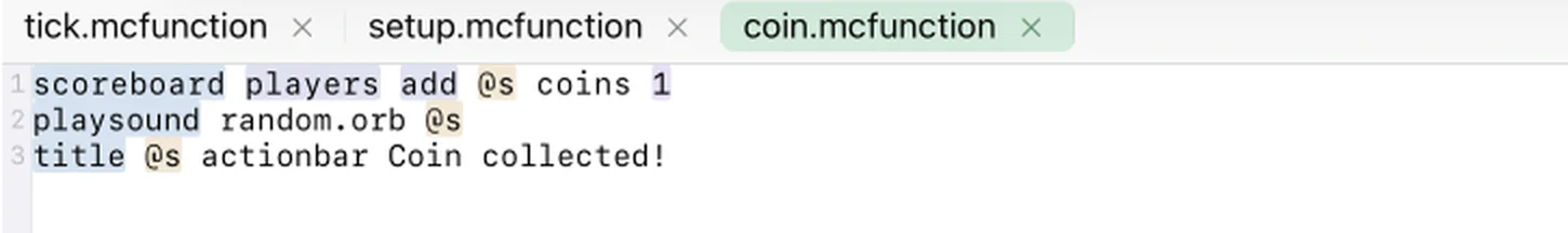 coin.mcfunction open in the MiniBench editor awarding a coin, playing a sound, and showing a message