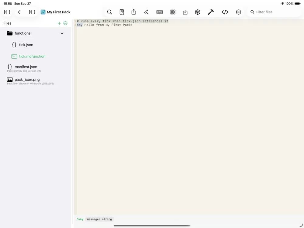 Writing the /fill command in the MiniBench editor (before)