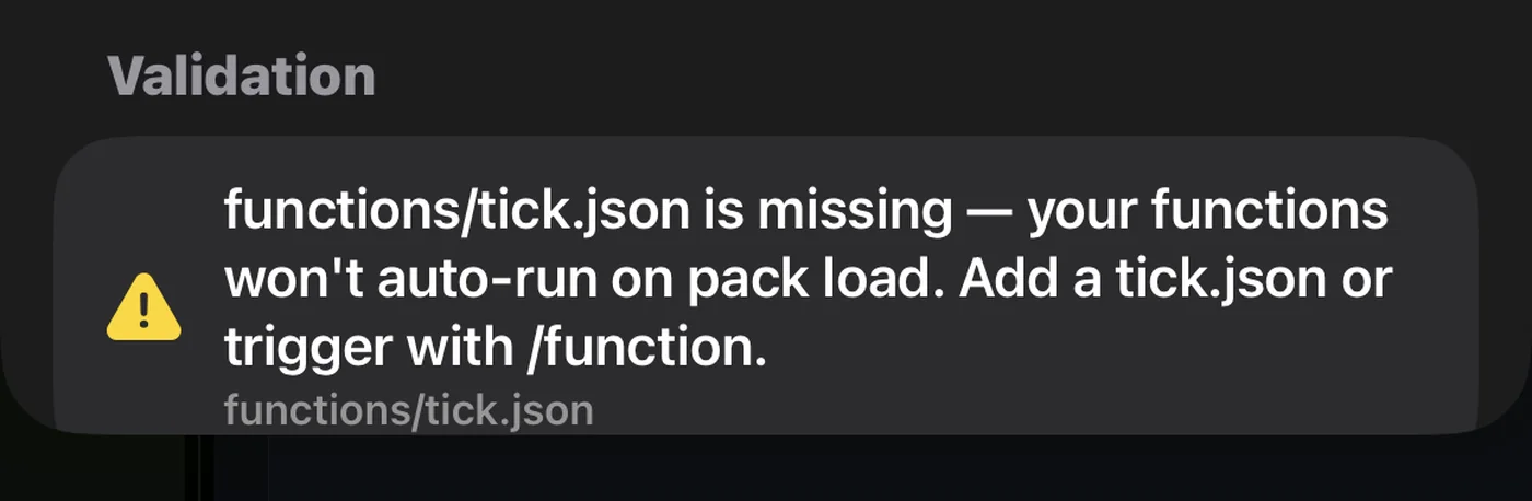 A validation notice explaining that functions/tick.json is missing so functions won't auto-run