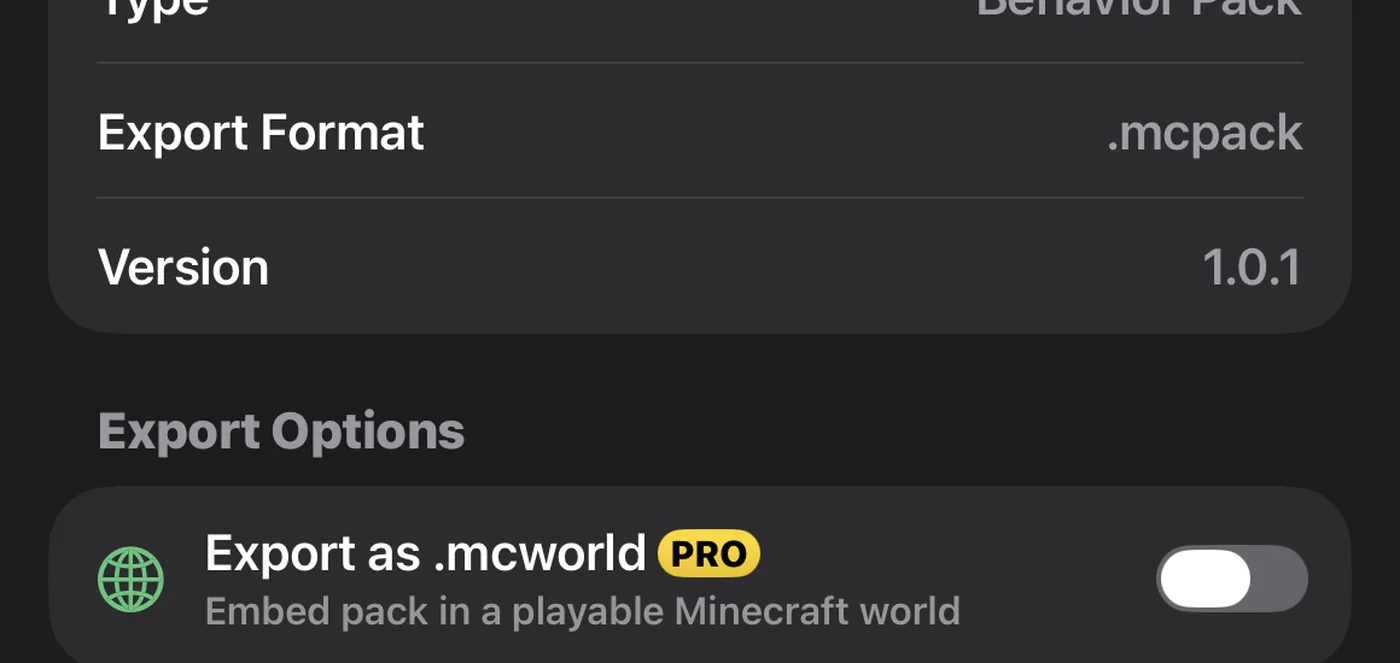 The export format set to .mcpack, with an Export as .mcworld Pro option
