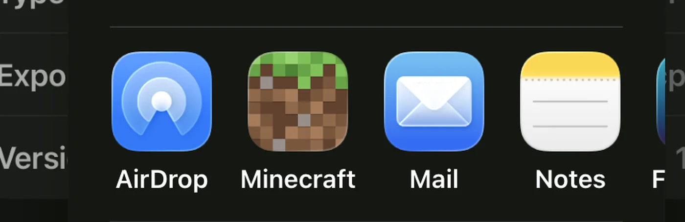 Minecraft shown as a destination in the iOS share sheet alongside AirDrop, Mail, and Notes