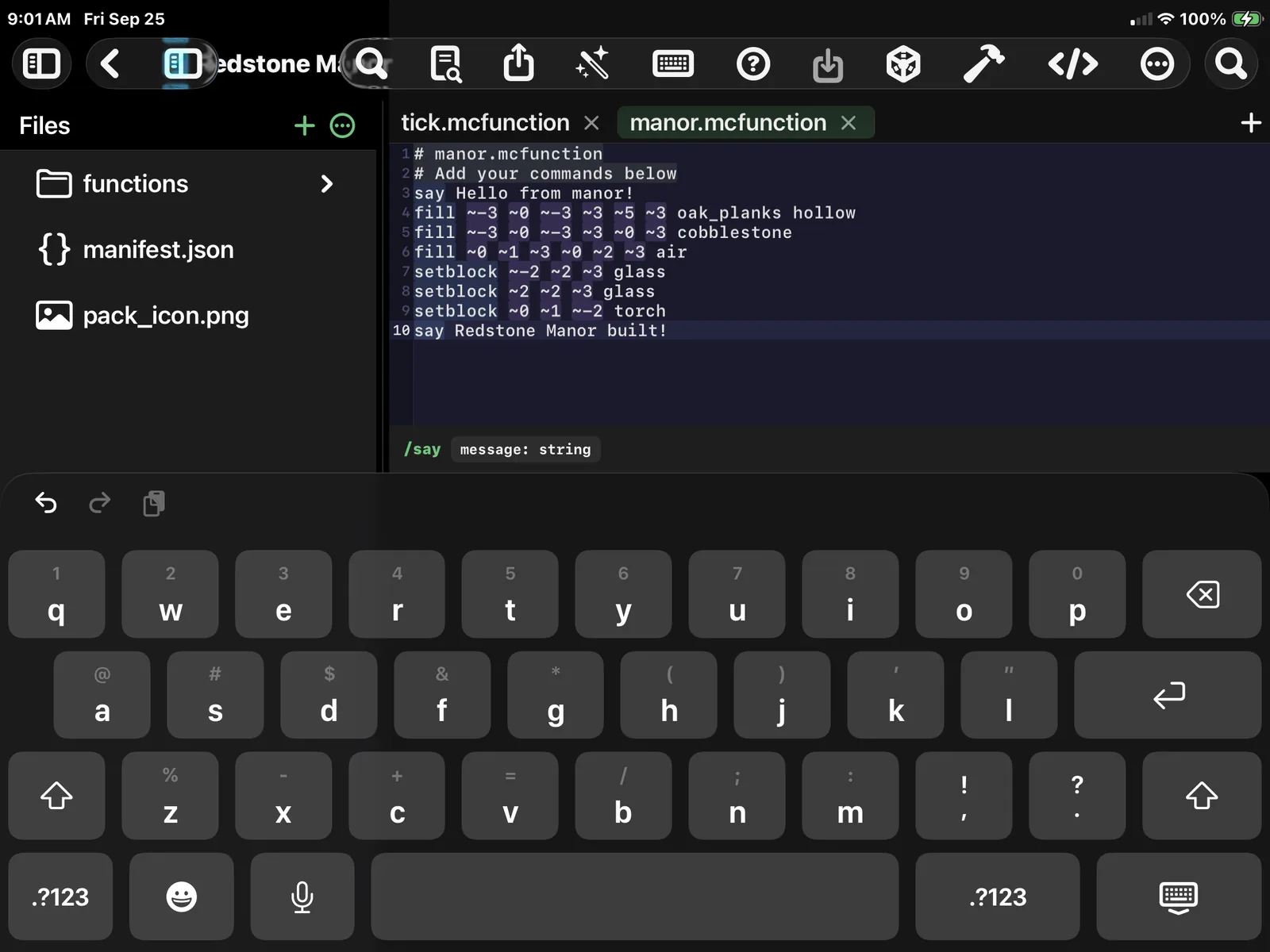 A manor.mcfunction file open in the MiniBench editor