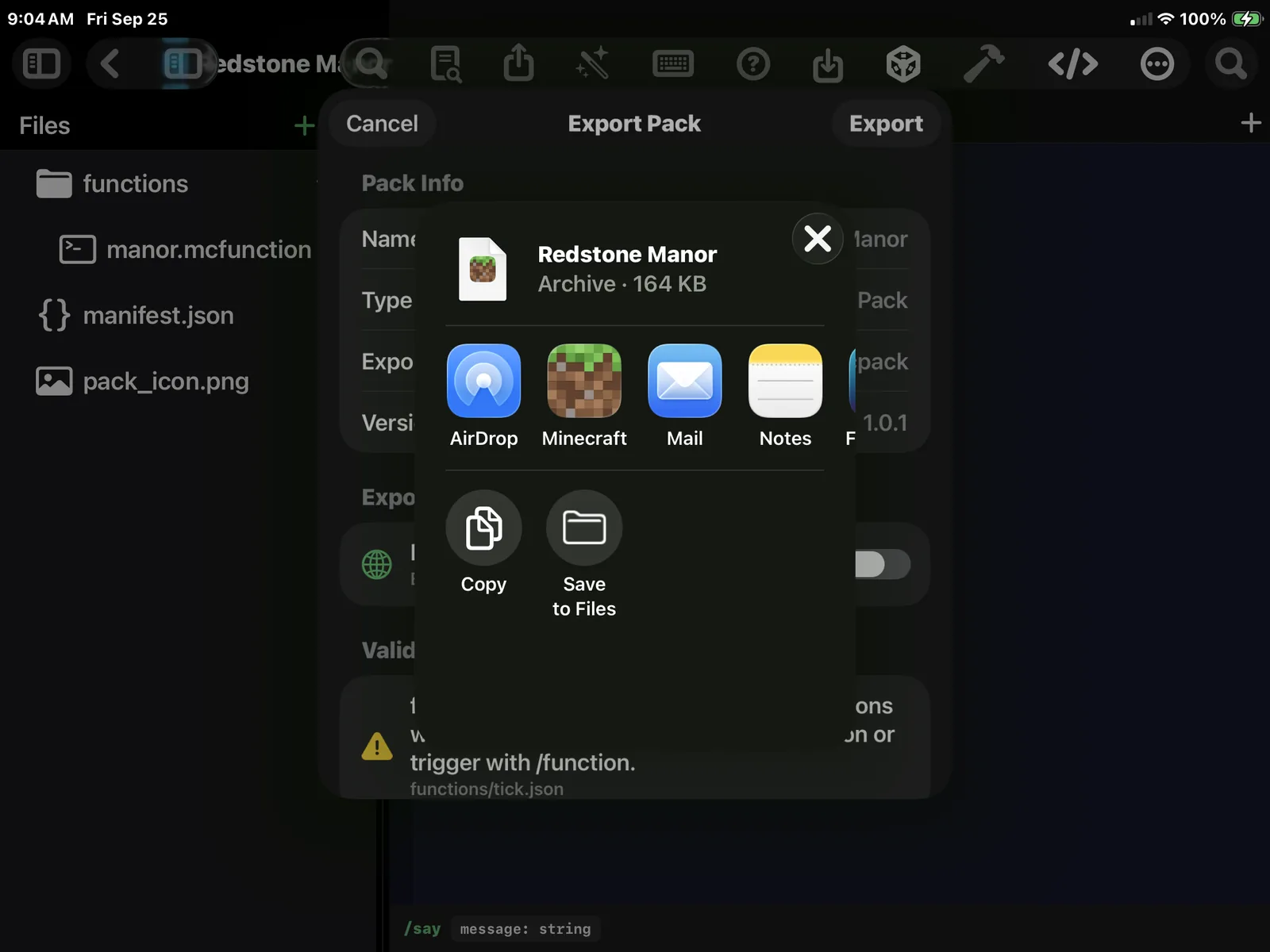The iOS share sheet showing Minecraft as a destination for the Redstone Manor pack