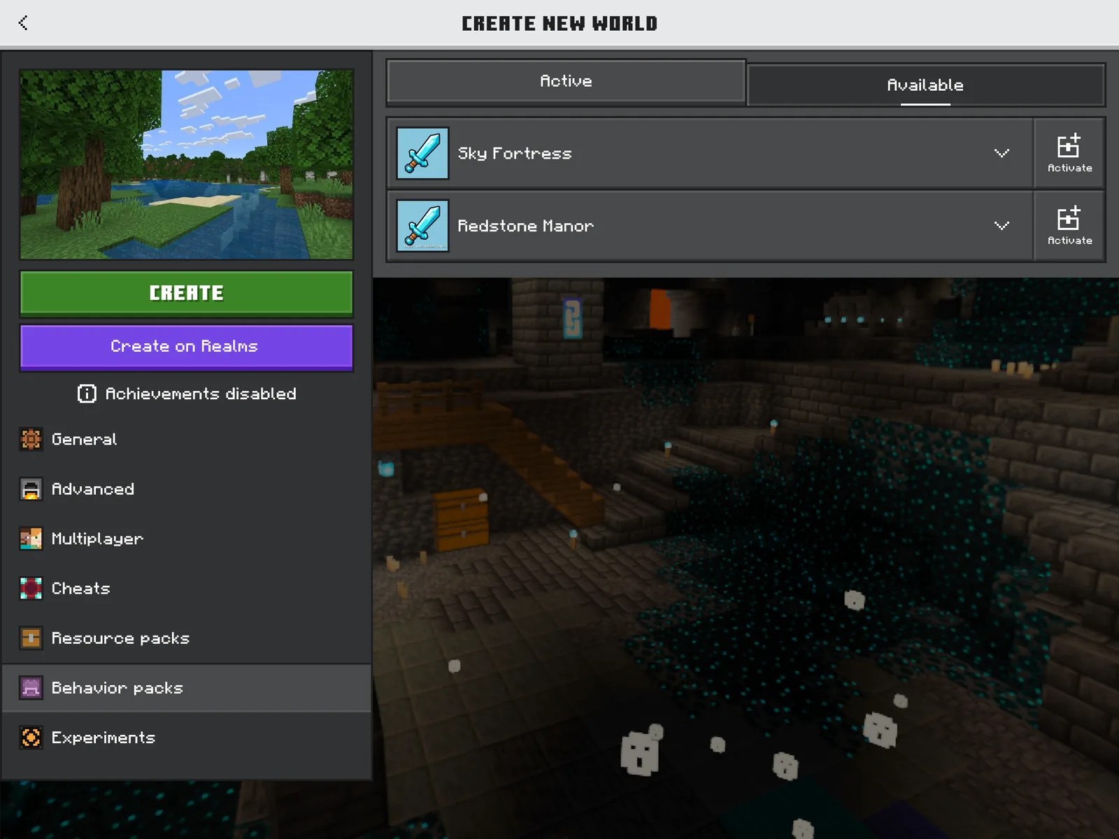 Minecraft world settings with Redstone Manor available to activate under Behavior Packs