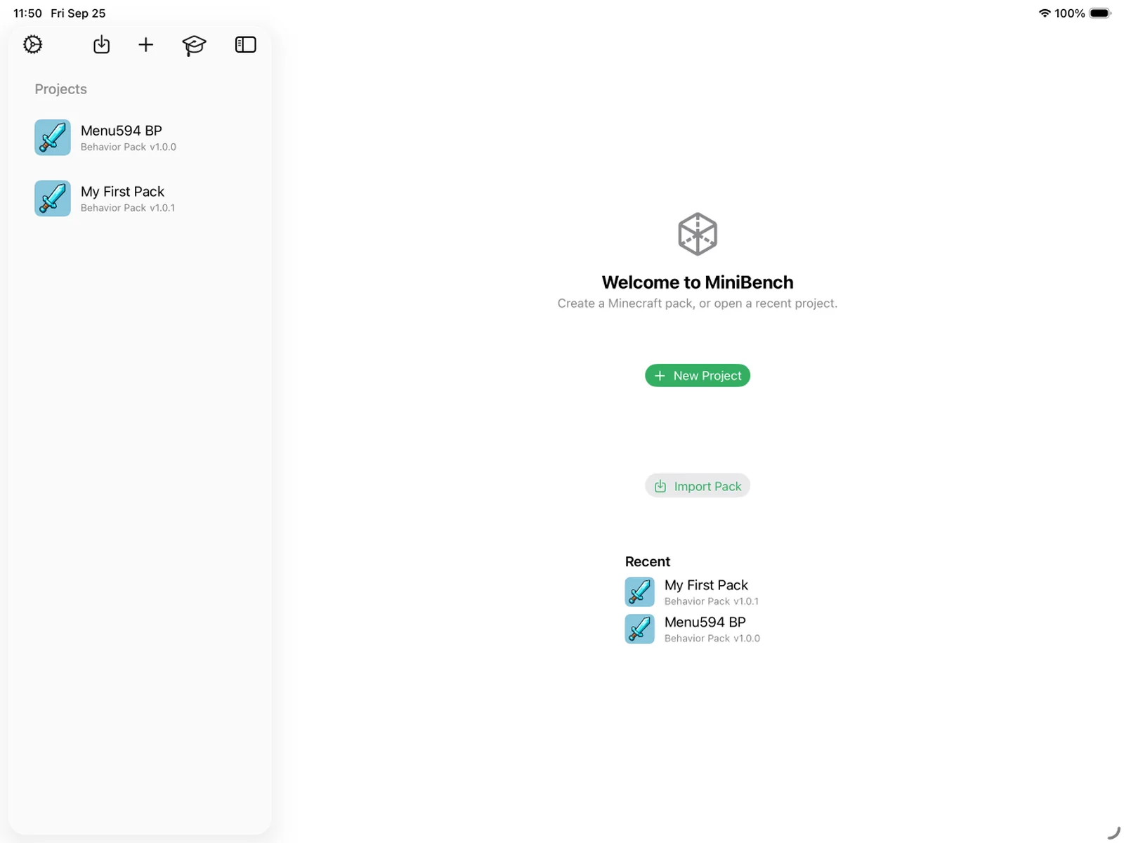 The MiniBench home screen with the Import Pack button