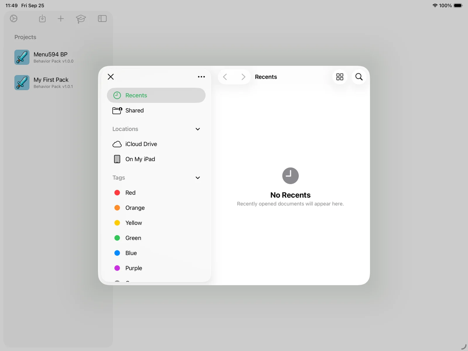 The iOS Files picker for choosing a .mcpack to import