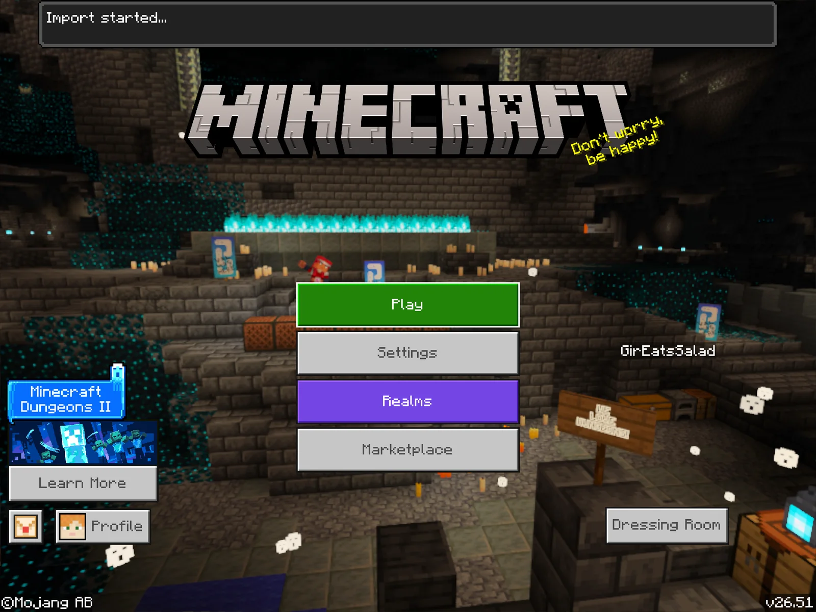 Minecraft's main menu showing an Import started banner