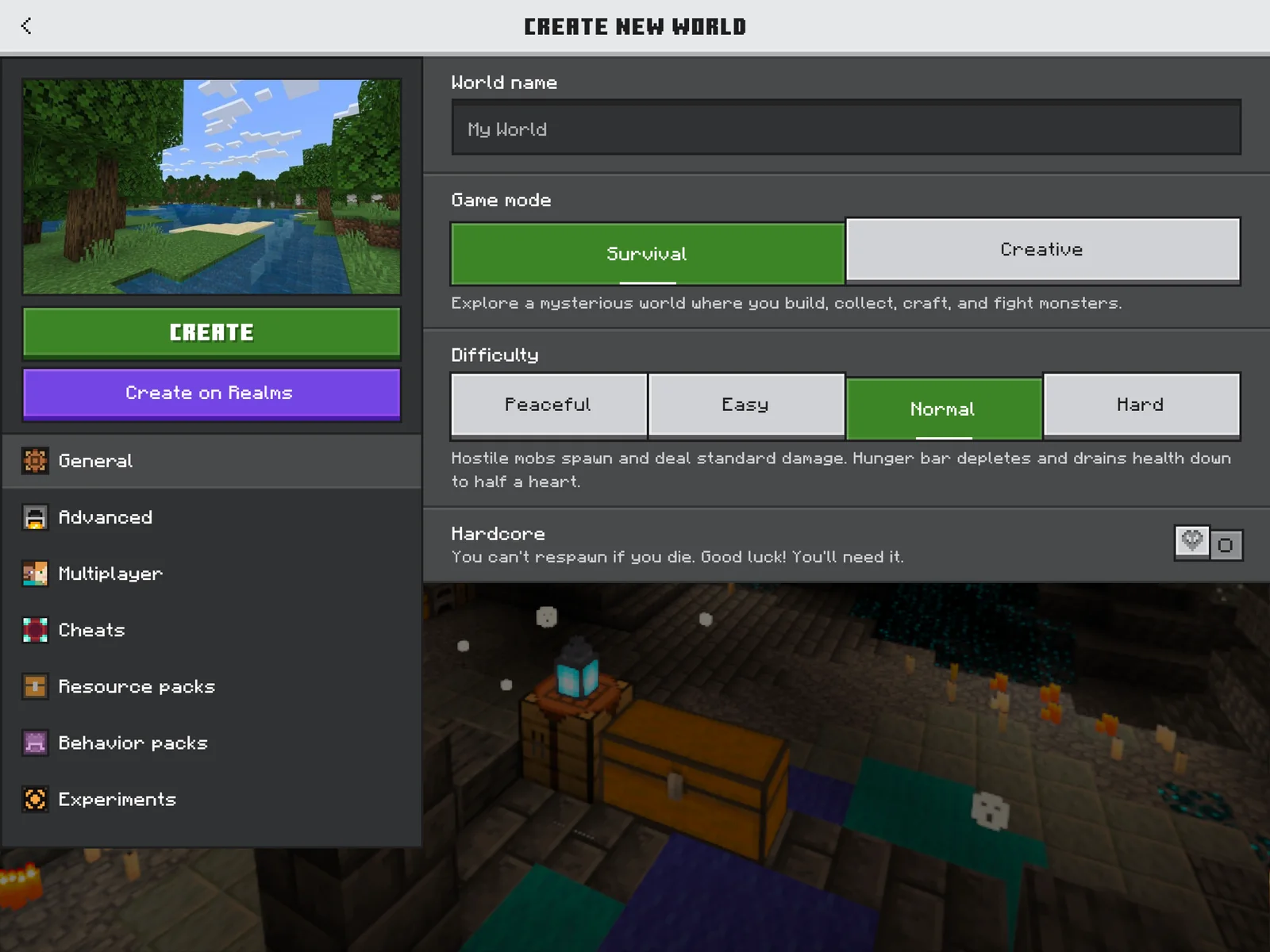 Minecraft's Create New World settings with game mode and difficulty