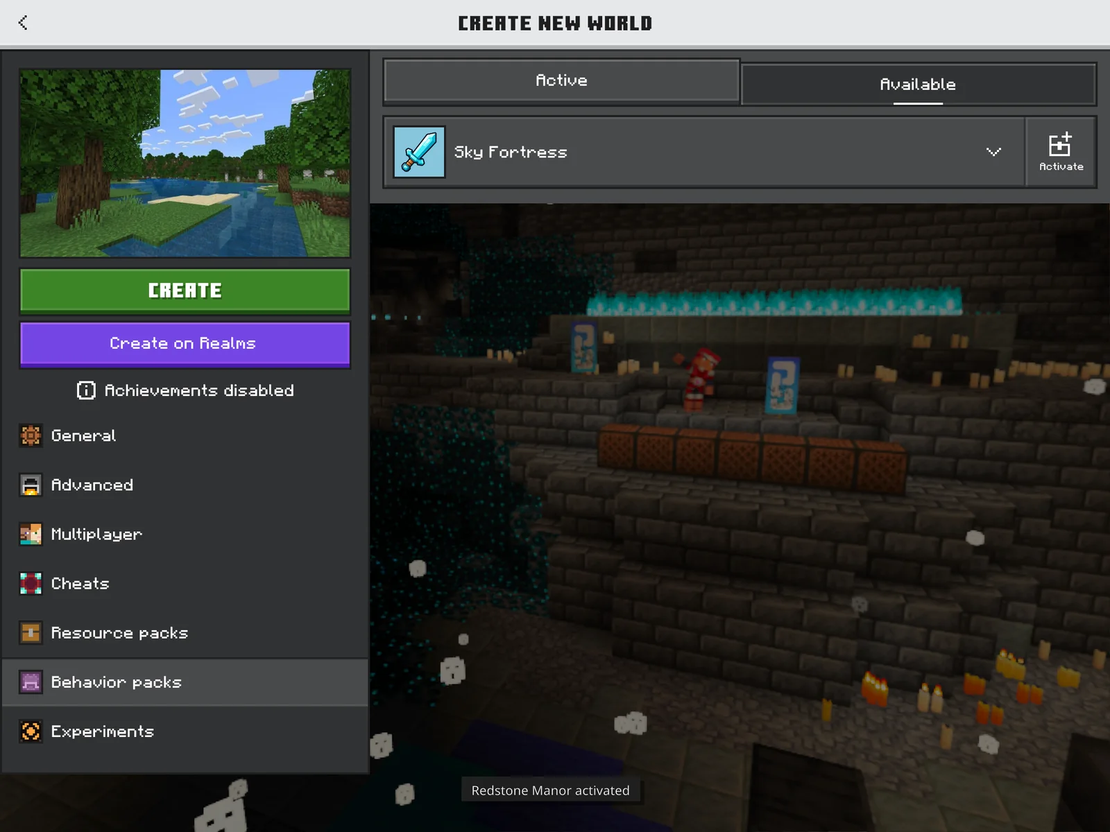 A Redstone Manor activated confirmation in Minecraft
