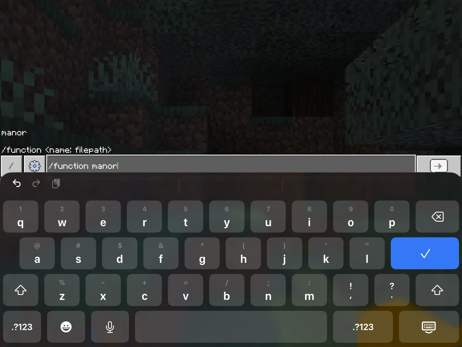 Typing /function manor in the Minecraft chat with autocomplete recognizing the function