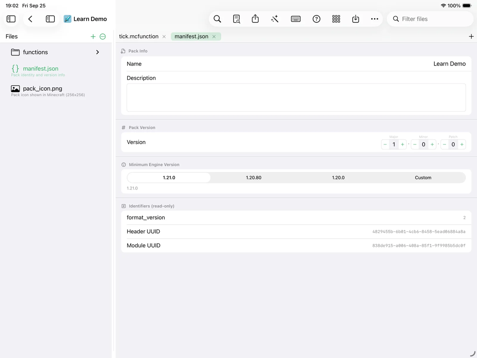The MiniBench manifest form editor with name, version steppers, min engine version, and read-only UUIDs