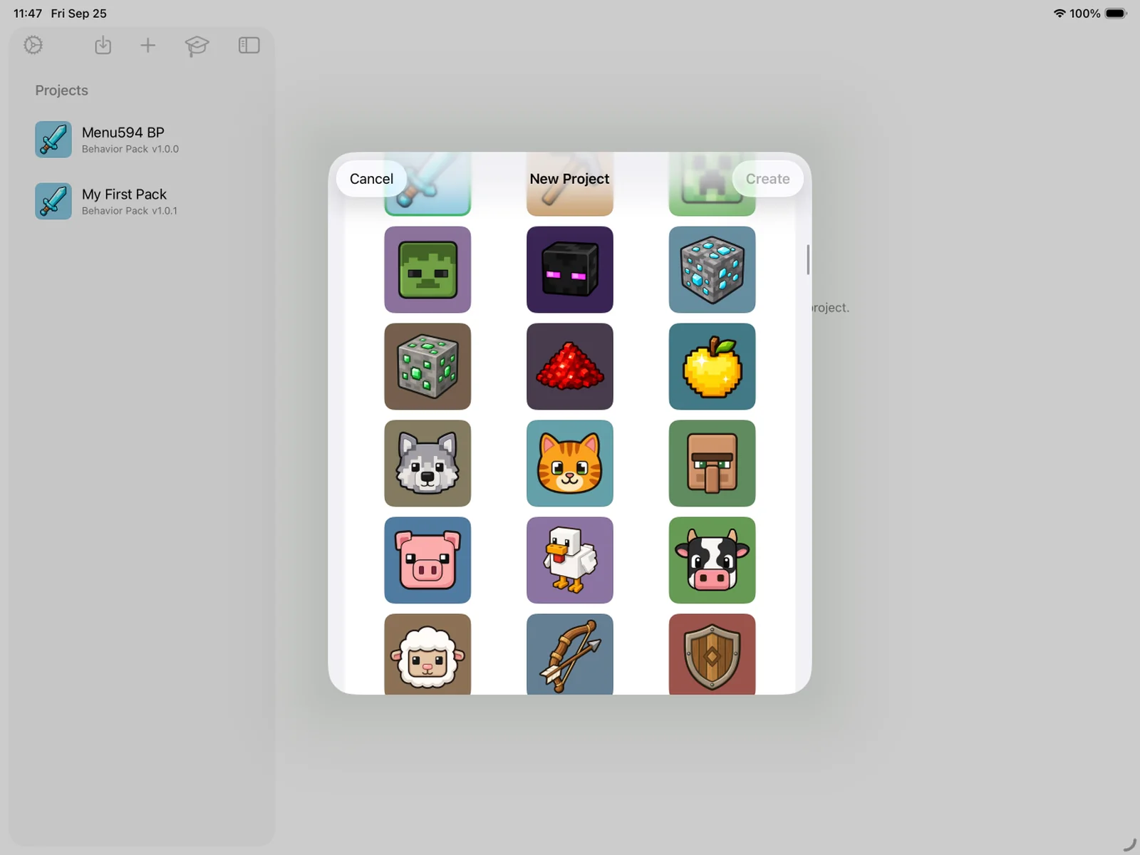 The MiniBench pack-icon picker showing a grid of themed icons