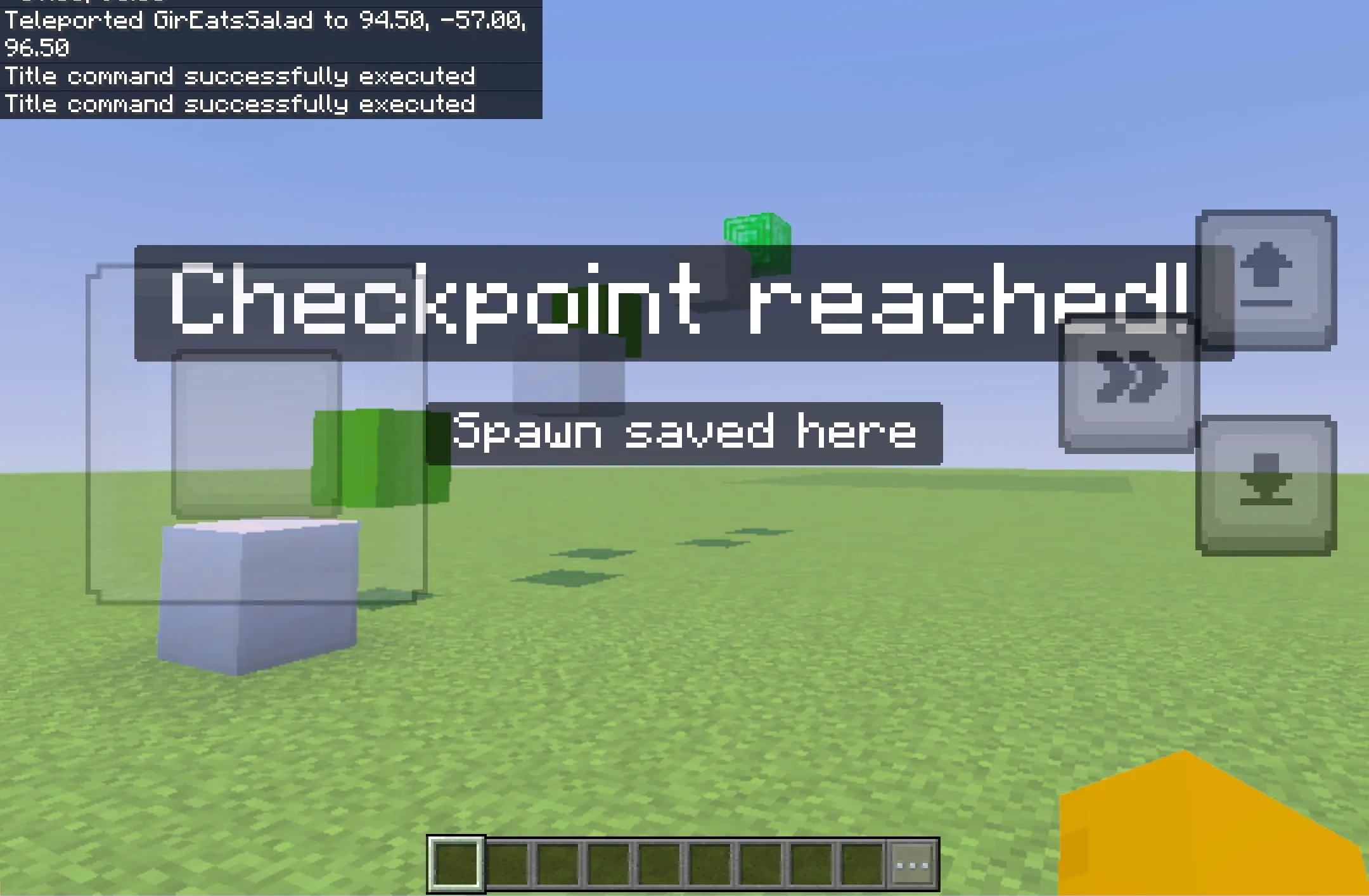 A 'Checkpoint reached!' title with 'Spawn saved here' subtitle in Minecraft