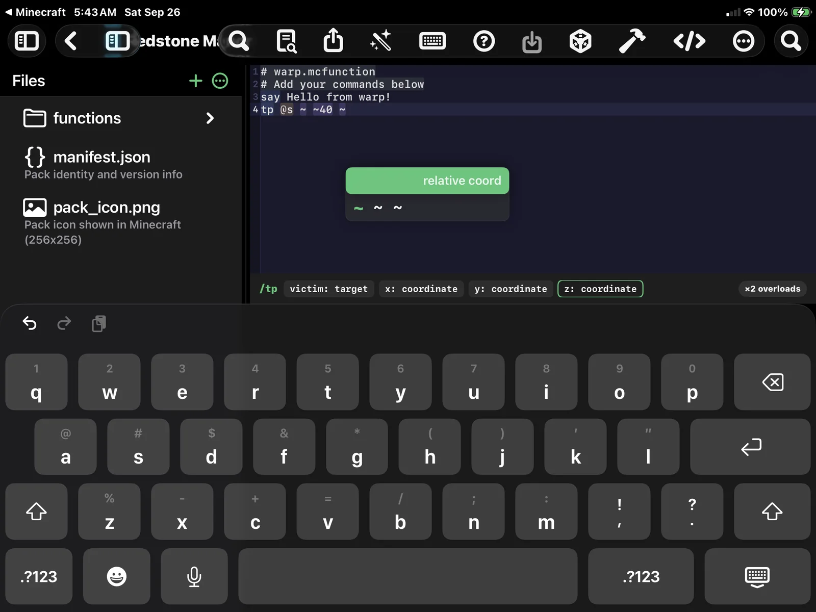 A warp.mcfunction with tp @s ~ ~40 ~ open in the MiniBench editor
