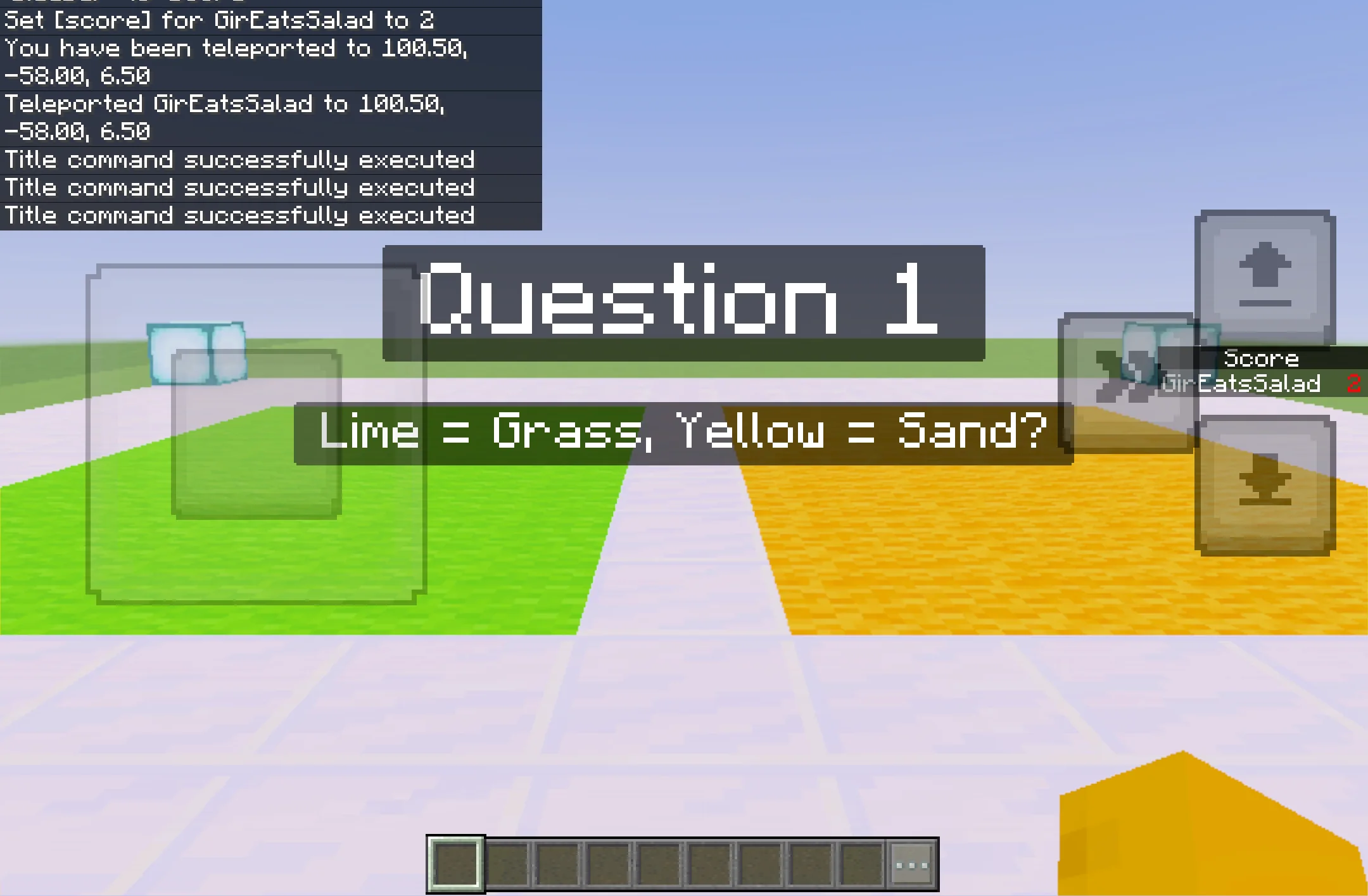 A 'Question 1' title with the question as a subtitle and a Score sidebar in Minecraft