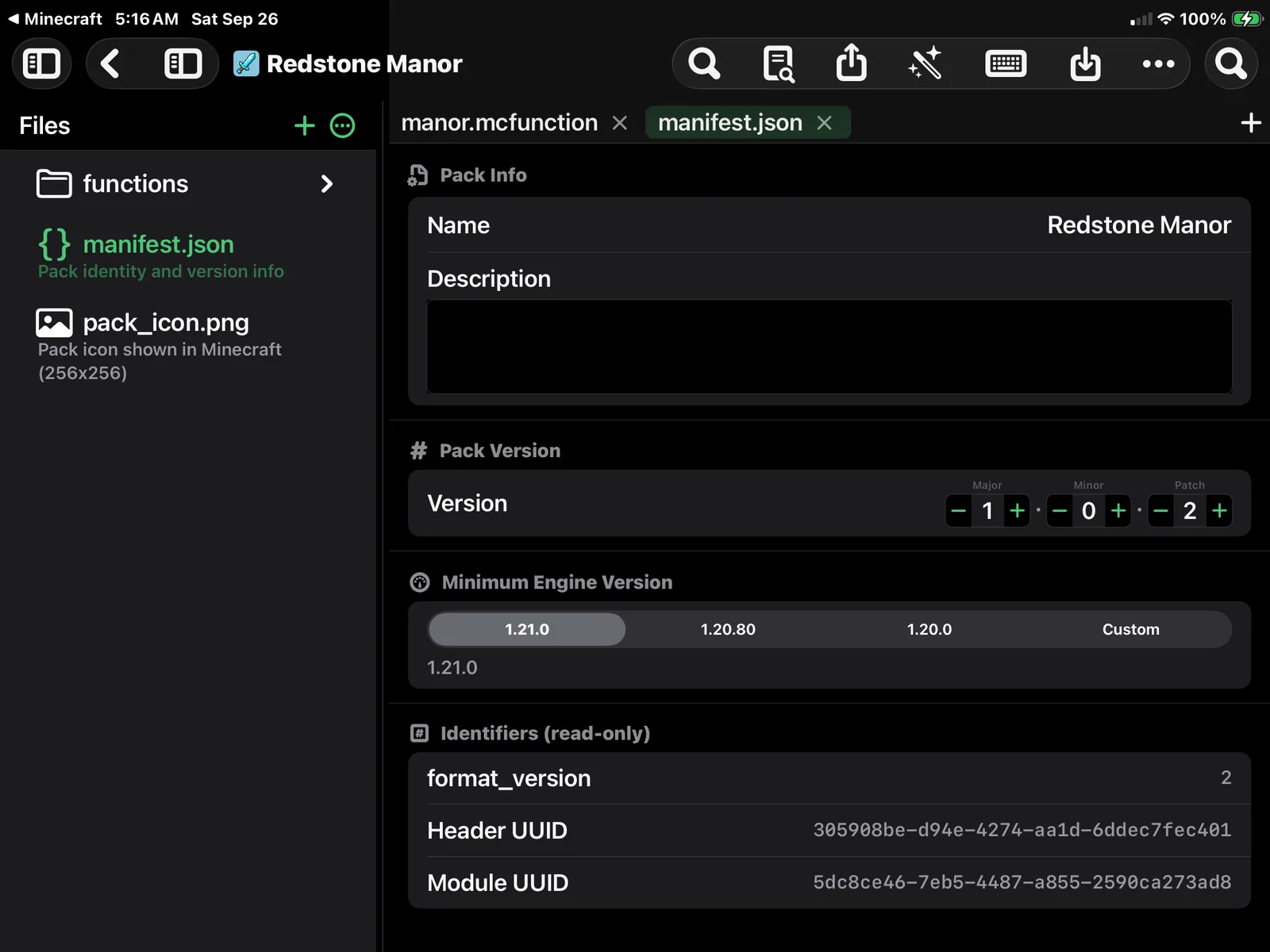 The manifest form editor with the version bumped to 1.0.2