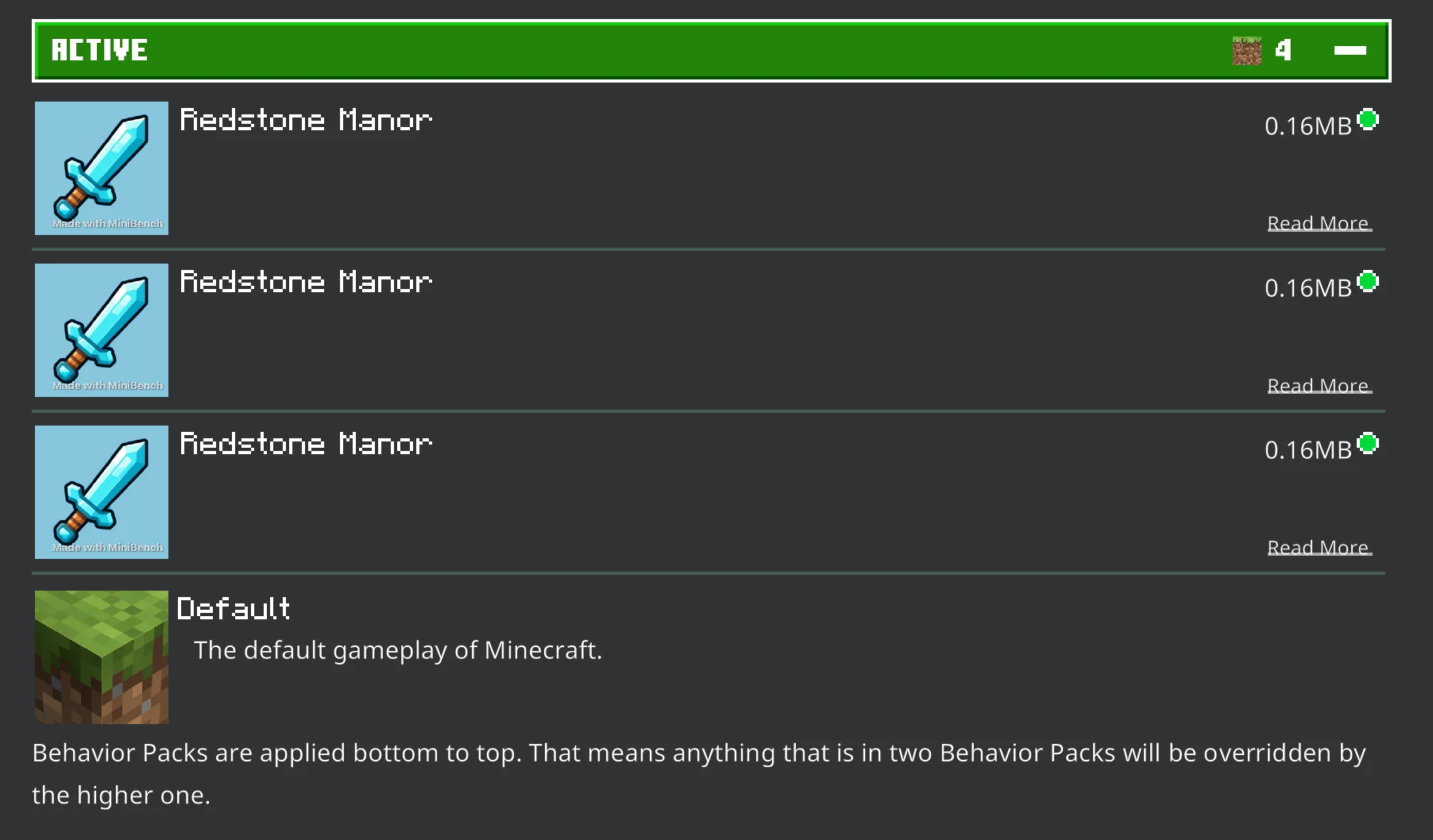 Three identical Redstone Manor behavior packs stacked in the Active list, with Minecraft's note that packs apply bottom to top
