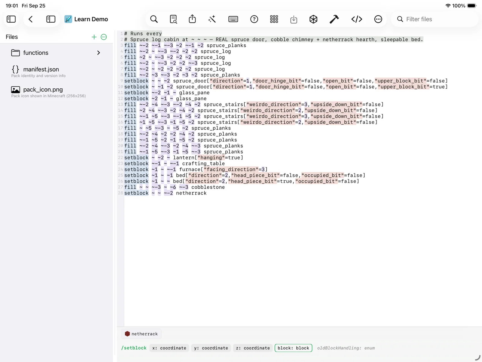 A log cabin snippet inserted as dozens of fill and setblock commands