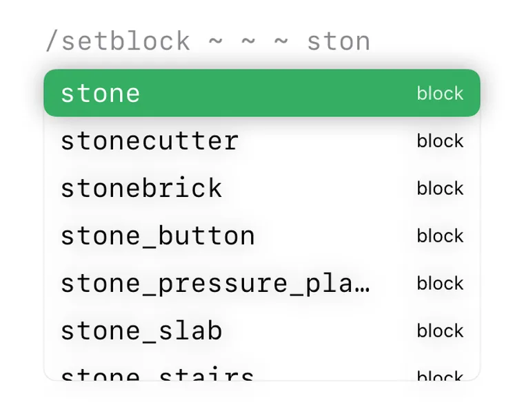 MiniBench command autocomplete suggesting Minecraft block IDs