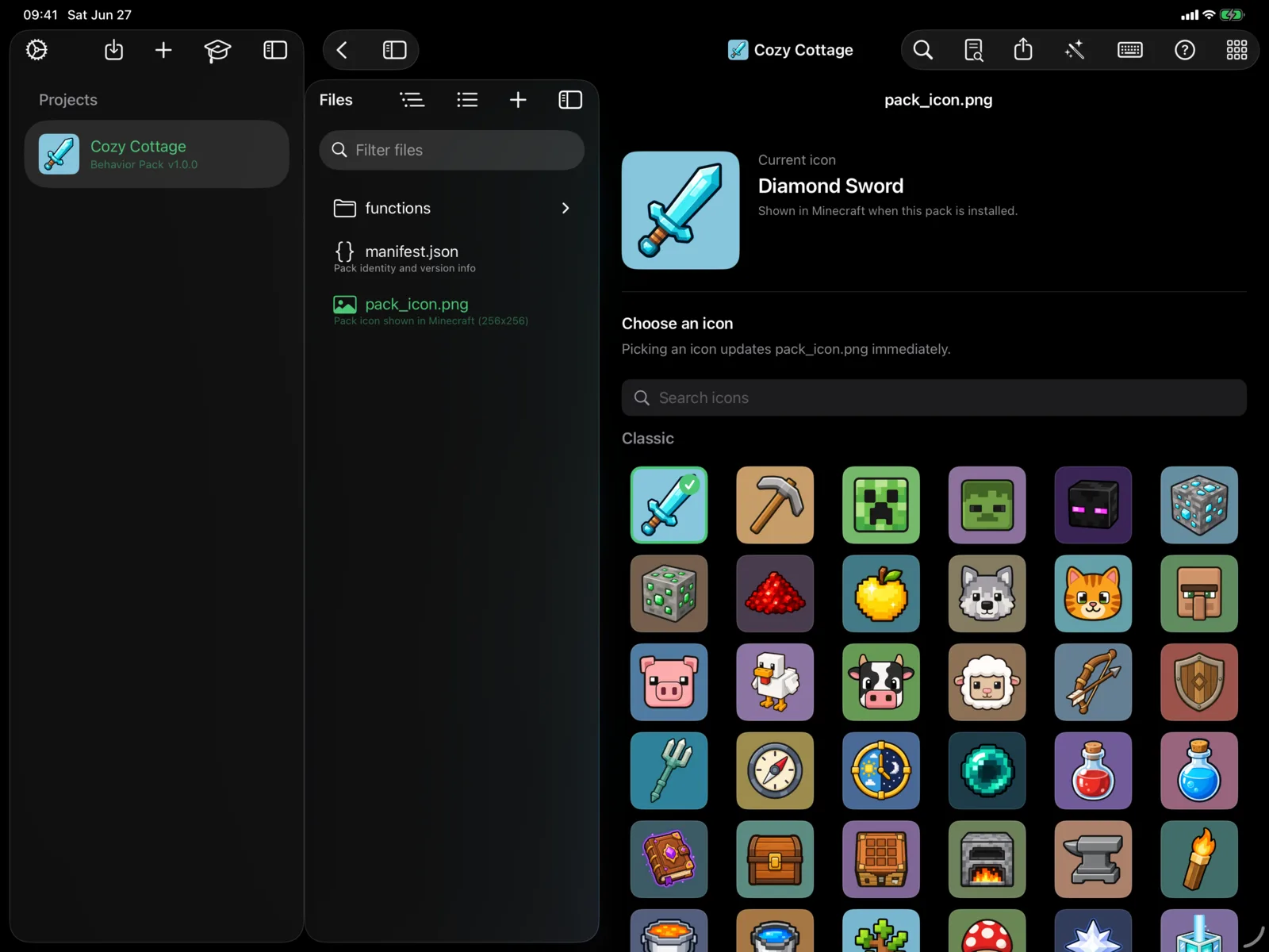 The MiniBench pack-icon picker showing a grid of icons
