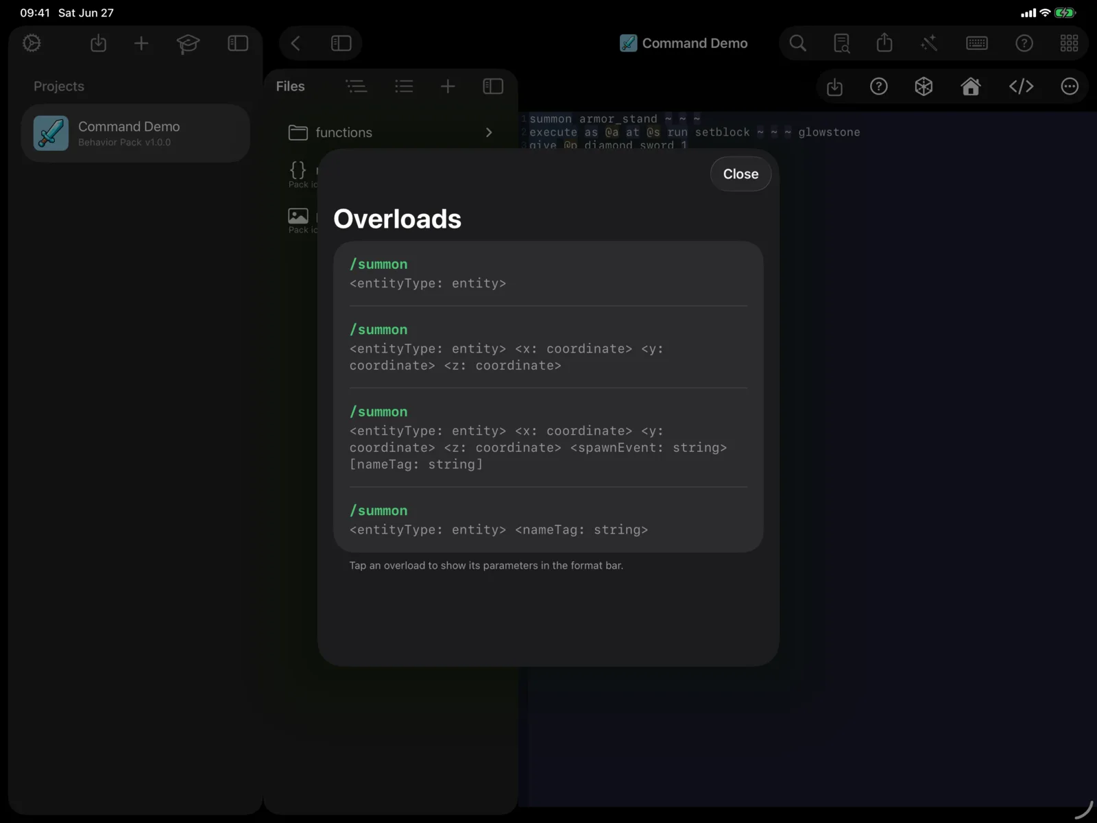 The MiniBench signature bar showing a command's arguments and overloads
